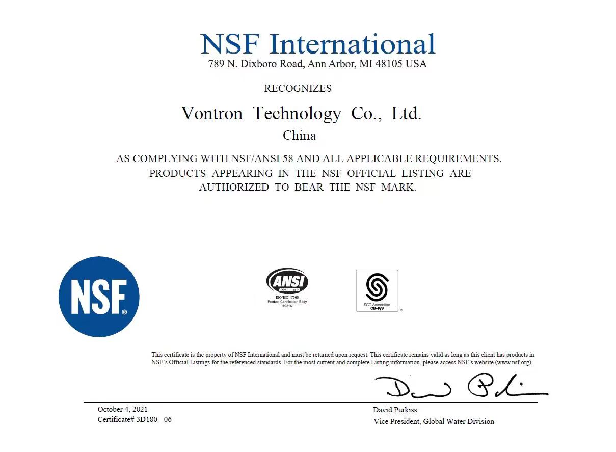 Vontron NSF/ANSI 58 certificate