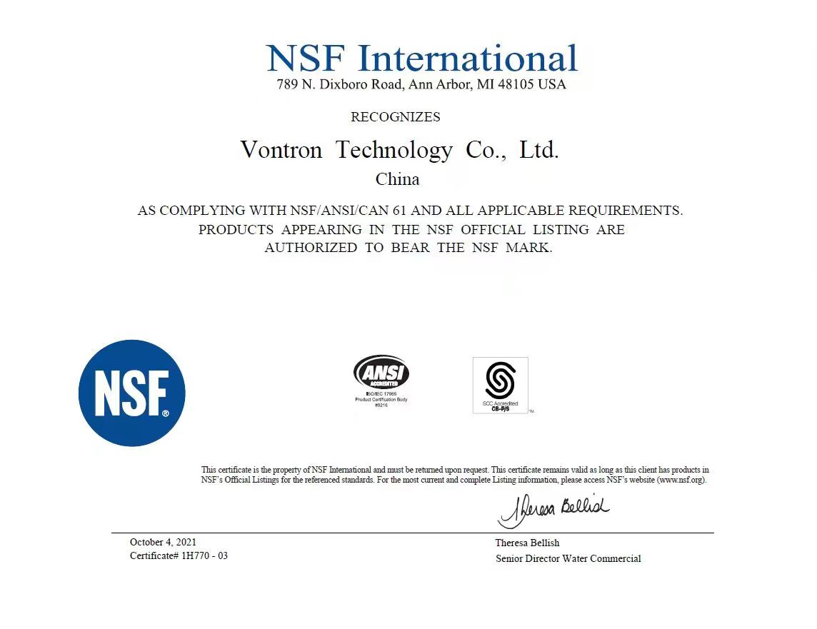 Manufacturer’s NSF/ANSI/CAN 61 certificate