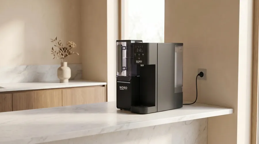 Osmosis One on a kitchen counter, plugged into a wall outlet